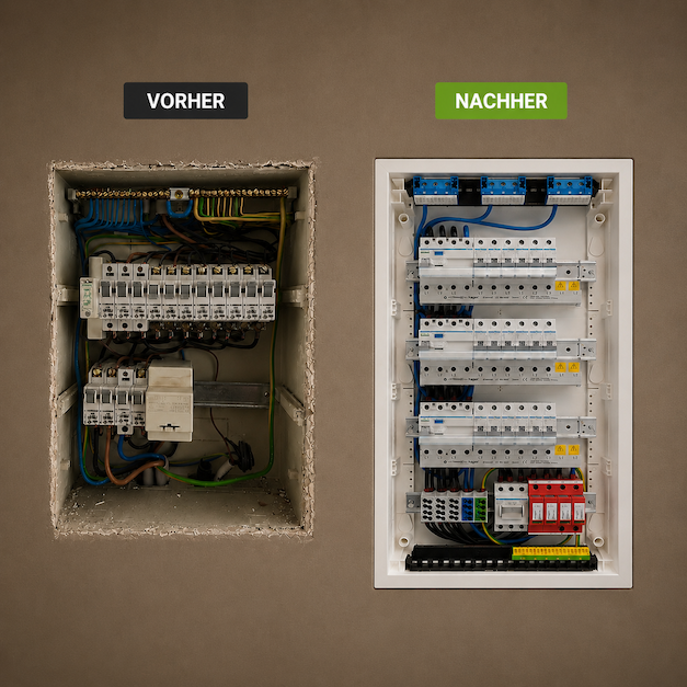 Elektriker montiert moderne Elektroinstallation in renovierter Wand